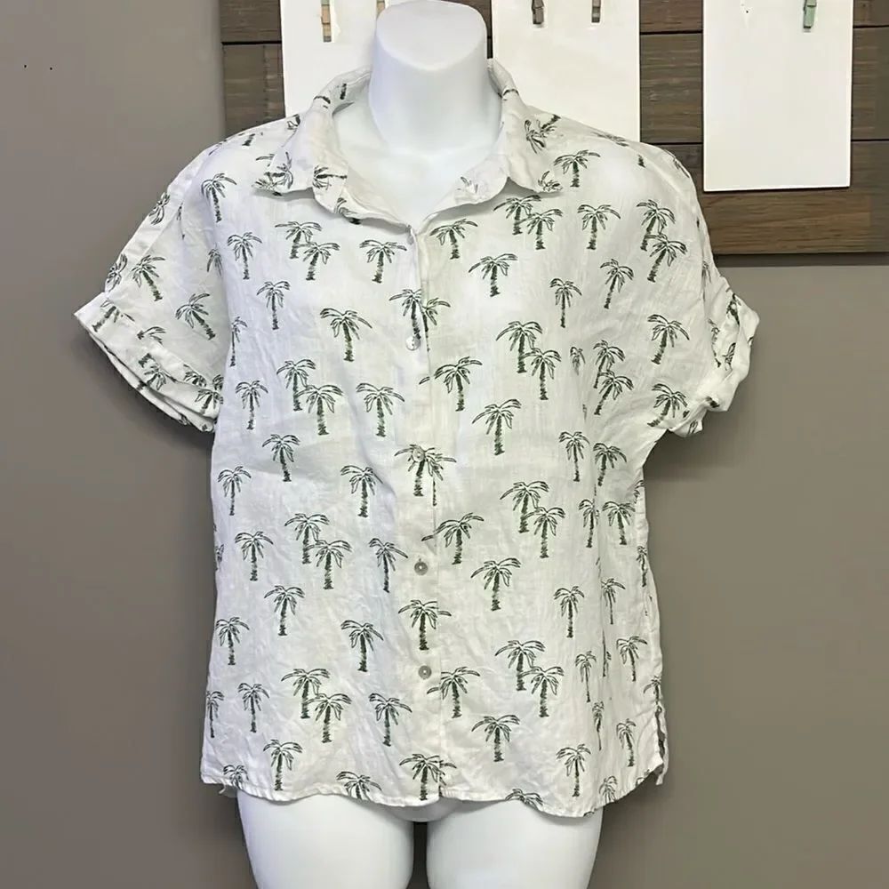 C & C California 100% Linen Palm Trees Button Down Collared Shirt- Medium